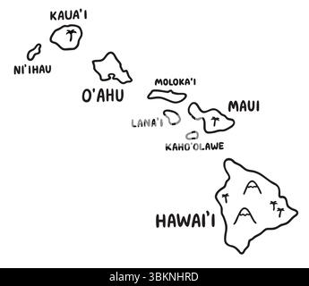 Carino scarabocchio cartoni animati delle Hawaii. Illustrazione vettoriale disegnata a mano delle isole hawaiane in stile semplice, disegni in bianco e nero. Illustrazione Vettoriale