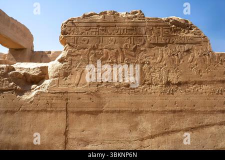 L'antico rilievo sulle pareti del tempio egizio a Luxor mostra figure di faraone e scene geroglifiche scolpite in dettagliate opere d'arte in pietra arenaria. Foto Stock