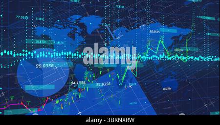 Visualizzazione della mappa mondiale con grafici a candeliera, etichette numeriche, elementi della griglia HUD con linea di tendenza a punti Foto Stock