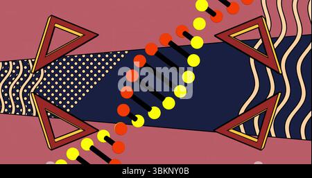 Arte astratta che mostra una catena circolare diagonale rossa e gialla sulla parete della galleria, triangoli delineati Foto Stock