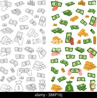 Denaro nel banner verticale. Contanti volanti, banconote verdi, mucche di denaro, banconote da un dollaro, monete d'oro e barre. Investimento in denaro e concetto di business. Illustrazione Vettoriale