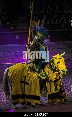 Un cavaliere in un'armatura lucente cavalca un cavallo adornato con insegne gialle e nere, tenendo una lancia in un'arena giostra. La scena è ambientata contro un backdro Foto Stock