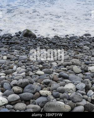 L'immagine mostra una tranquilla scena di spiaggia con una grande collezione di ciottoli bianchi e grigi lisci e rocce di varie dimensioni sparse lungo la riva. T Foto Stock