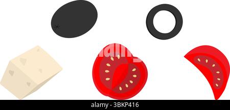 Olive disegnate a mano e pomodori, ingredienti colorati per insalate su sfondo trasparente. Illustrazione vettore isolato icona adesivo poster per alimenti o banner promozionale, opuscoli, etichette, etichetta dei prezzi Illustrazione Vettoriale