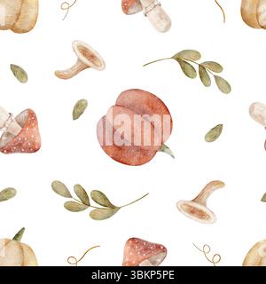 Motivo di zucche acquerelli, funghi, rami e foglie. Illustrazione del raccolto autunnale disegnata a mano. Stampa senza interruzioni su sfondo isolato per Foto Stock