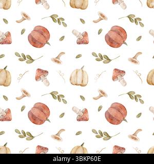 Motivo di zucche acquerelli, funghi, rami e foglie. Illustrazione del raccolto autunnale disegnata a mano. Stampa senza interruzioni su sfondo isolato per Foto Stock