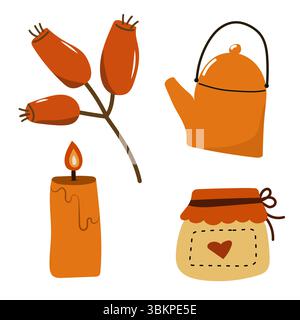 Set di elementi disegnati a mano in autunno. Carino set di adesivi autunnali. Illustrazione Vettoriale