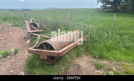 Rusty abbandonò i rulli agricoli che riposavano nell'erba sovrastata, mostrando metallo intempestivo e decadimento rurale nella campagna scozzese. Foto Stock