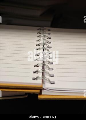 Un quaderno aperto si appoggia su un tavolo, con pagine vuote pronte per scrivere, disegnare o mettere in risalto pensieri. Il design semplice e chiaro ispira Foto Stock