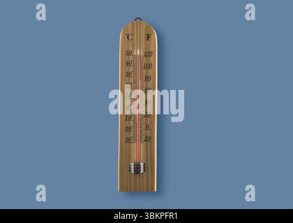 Un termometro in legno visualizza temperature estremamente elevate. Il termometro è rosso e realizzato in mercurio. Foto Stock