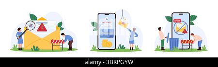 Interrompi la posta indesiderata e le notifiche del sistema di sicurezza relative a phishing e frodi. Le persone più piccole rimuovono le newsletter, proteggono la carta di credito dalla truffa, cercano bug con l'illustrazione vettoriale dei cartoni animati in lente d'ingrandimento Illustrazione Vettoriale