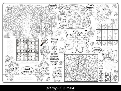Placemat vettoriale in bianco e nero. Tappeto per attività stampabile con labirinto, puzzle per ricerca di parole, ombre abbinate, trova la differenza. Taglio Illustrazione Vettoriale