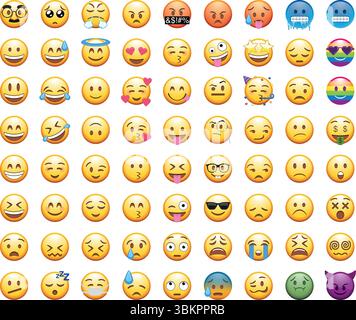 Set di 72 emoji gialle rotonde con diverse espressioni facciali: Felici, cattivi, piangenti, innamorati, malati, festeggiare, sorpreso, cattivo, e con le LGBTI Illustrazione Vettoriale