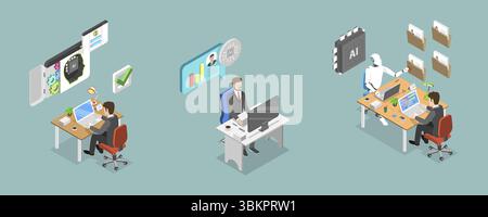 Illustrazione piatta isometrica 3D di risorse umane e intelligenza artificiale, HR Managment Automation Foto Stock