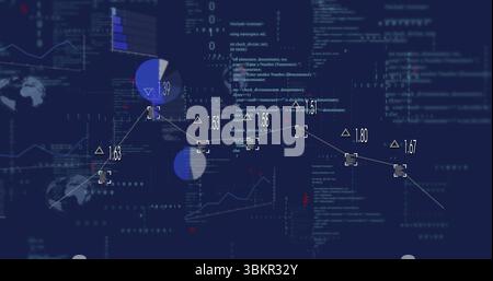Visualizzazione del grafico a linee che collega i punti dati sul cruscotto blu con riquadri di codice e segmenti a torta Foto Stock