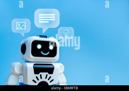 AI bot, concetto tecnologico di assistente di intelligenza artificiale. Grazioso robot bianco con icone di immagine, conoscenza e idea in bolla vocale, sfondo blu Foto Stock