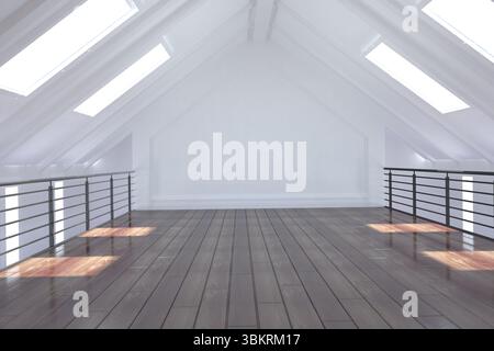 Il design piatto mostra loft attico con soffitto a falde, lucernari, travi e pavimenti in legno Foto Stock