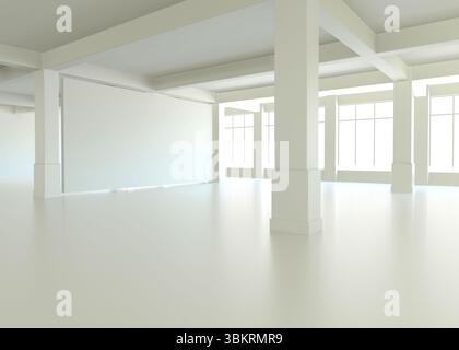 Lo spazio interno a pianta aperta mostra pavimenti lucidi, colonne, travi e finestre a griglia nel rendering 3D. Foto Stock