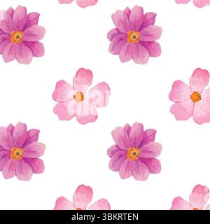 Rosa rosa primaverile viola e motivo floreale Anemone giapponese senza cuciture. Carta da parati con fiori a ripetizione rosa viola. Fiori da giardino carini. Illustrazione Vettoriale