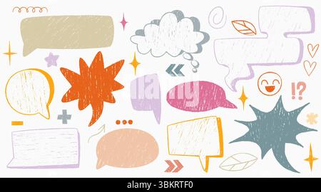 Set di bolla parlante disegnata a pastello - elementi di comunicazione disegnati a mano con tratti testurizzati. Nuvole di pensiero colorate, finestre di dialogo e doodles per illustrazioni per bambini, grafica di messaggistica divertente. Illustrazione Vettoriale