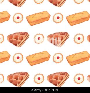 Motivo di acquerello senza cuciture con torta alla torta, Chausson aux Pommes e marmellata - Design a tema panificio. Motivo ad acquerello dipinto a mano senza cuciture. Illustrazione Vettoriale