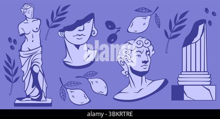 Antica arte greca con statua di Venere, busti romani, colonna di marmo, limoni mediterranei e rami di ulivo su blu bg - icone della civiltà classica per il museo, l'educazione o il design del patrimonio culturale. Illustrazione Vettoriale