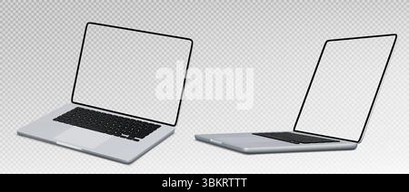 Mockup di pc laptop con schermi trasparenti: Computer notebook con diverse angolazioni per la presentazione di app, la visualizzazione di siti Web o la vetrina di prodotti digitali con monitor vuoti pronti per contenuti personalizzati. Illustrazione Vettoriale