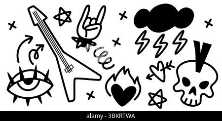Doodle punk rock con teschio e chitarra, fulmini e occhi spiky, cuore e fiamme. Icone nere disegnate a mano per la cultura musicale alternativa, la moda grunge e l'arte underground. Illustrazione Vettoriale