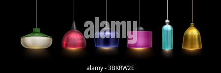 Moderno set di lampade a sospensione da soffitto con varie forme geometriche: Design cilindrico, a cupola e a campana con finiture metalliche, illuminato con luce calda per un'illuminazione interna contemporanea e arredamento per la casa. Illustrazione Vettoriale