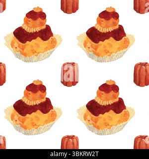 Acquerello senza cuciture motivo di Religieuse e Canelé – illustrazione del dessert francese. Grafica ad acquerello ripetuta senza interruzioni. Perfetto per la pasticceria Illustrazione Vettoriale