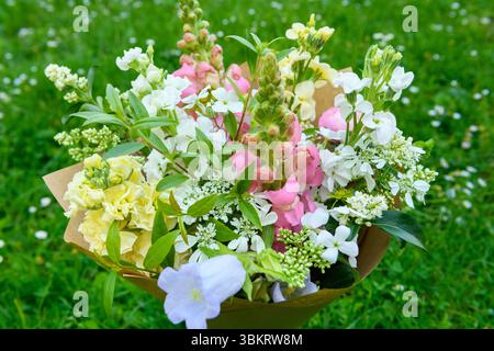 Bouquet di fiori avvolti di fiori primaverili misti. Splendida disposizione di fiori freschi color pastello. Bouquet di compleanno con draghi d'ape e matthio Foto Stock