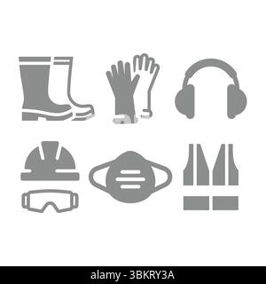 Set di icone PPE o dispositivi di protezione individuale. Abbigliamento da lavoro o attrezzatura, giubbotto, maschera e elmetto da lavoro con occhiali e cuffie. Illustrazione Vettoriale