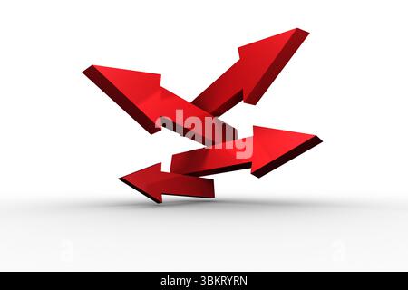Cinque frecce 3D rosse si aprono su un piano bianco che proietta ombre grigie tenui, spazio di copia Foto Stock