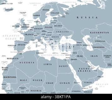 Europa, Medio Oriente e Nord Africa, mappa politica grigia con confini internazionali. Panoramica del continente Europa, Medio Oriente e Africa settentrionale. Foto Stock