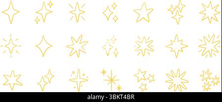 Set di icone a stella scintillante Doodle. Simbolo giallo della stella splendente disegnato a mano. Collezione di sketch Magic Blink. Icone della linea di scintilla Doodle. Vettore Illustrazione Vettoriale