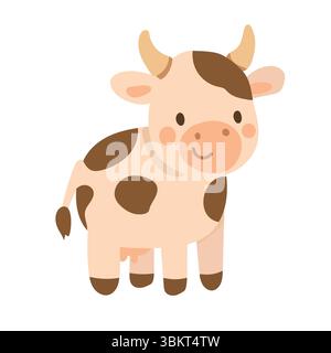 Simpatica mucca cartoni animati con macchie marroni e corna sorride su sfondo bianco, perfetta per illustrazioni di animali da fattoria, libri per bambini o a tema caseario Illustrazione Vettoriale