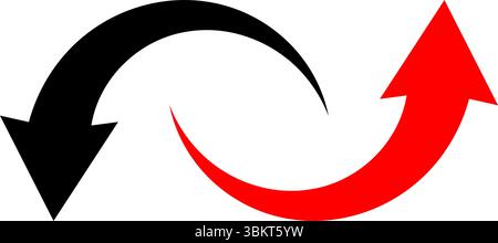 Una semplice freccia nera e rossa curva rivolta verso l'alto, verso il basso su uno sfondo trasparente. Simbolo di direzione, freccia per il Web, app, vettore di progettazione dell'interfaccia utente. Illustrazione Vettoriale