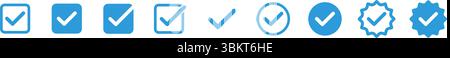 Segno di spunta blu icona verificata, segno di spunta del profilo approvato per i social media, stella, casella di controllo ok. Simbolo dell'account dei social media Illustrazione Vettoriale