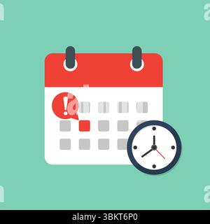 Icona del calendario con orologio, segno di spunta, punto esclamativo, icona del calendario con design piatto. Promemoria calendario eventi, programma riunioni aziendali, appuntamento. Illustrazione Vettoriale