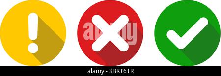 Segno di spunta arrotondato piatto, punto esclamativo, croce, set di icone di tacche x, segno di spunta verde, croce rossa, segni di vettoriale esclamativo giallo, simbolo di tacca Illustrazione Vettoriale