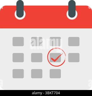 Icona del calendario con orologio, segno di spunta, punto esclamativo, icona del calendario con design piatto. Promemoria calendario eventi, programma riunioni aziendali, appuntamento. Illustrazione Vettoriale