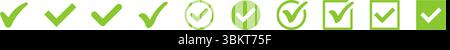 Icone dei segni di spunta verdi illustrazione vettoriale. Approvato, sì, confermare, fatto, votare, accetta, seleziona, seleziona, casella di controllo e segno di spunta verde del questionario Illustrazione Vettoriale