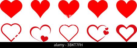 Le icone del cuore impostano il vettore, la forma del cuore a doodle, i segni d'amore del cuore in stile disegnato a mano. Illustrazione amore del cuore icone isolate, simbolo romantico Illustrazione Vettoriale