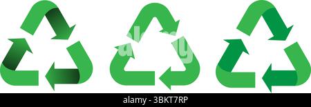 Set icone riciclo. Simboli freccia di riciclaggio in stili diversi. Etichetta di riutilizzo verde e nera. Illustrazione vettoriale del badge riciclabile. Icona di riciclaggio piatta Illustrazione Vettoriale