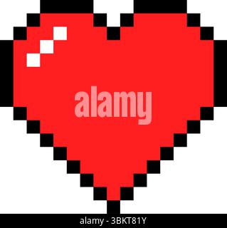 Icona a forma di cuore rossa con pixel art, icona a forma di cuore con pixel con contorno nero, simbolo a forma di amore isolato su sfondo bianco, simbolo a forma di cuore rosso con pixel, icona di san valentino Illustrazione Vettoriale