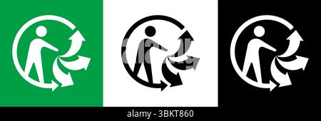 Segno Triman, icona di riciclaggio Triman nero, bianco e verde. Simbolo isolato del logo Triman, illustrazione vettoriale Illustrazione Vettoriale