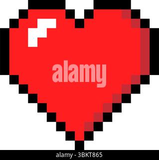 Icona a forma di cuore rossa con pixel art, icona a forma di cuore con pixel con contorno nero, simbolo a forma di amore isolato su sfondo bianco, simbolo a forma di cuore rosso con pixel, icona di san valentino Illustrazione Vettoriale