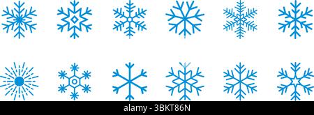 Fiocchi di neve, pacchetto icone vettoriali fiocchi di neve, modello orizzontale invernale fiocchi di neve, icone blu fiocco di neve isolate su sfondo bianco, illustrazione vettoriale Illustrazione Vettoriale