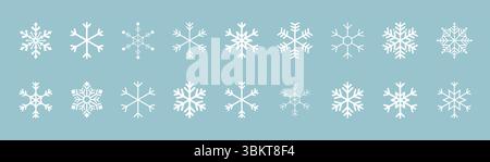 Icone neve. Set icone vettoriali fiocchi di neve. Neve, o fiocchi di neve, sfondo. Icone invernali. Pacchetto simbolo neve o fiocco di neve. Neve. Fiocchi di neve, icone di neve. Illustrazione Vettoriale