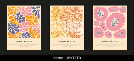 Set di poster floreali astratti. Fiori e foglie goffi in uno stile retrò alla moda e ingenuo. Illustrazione Vettoriale